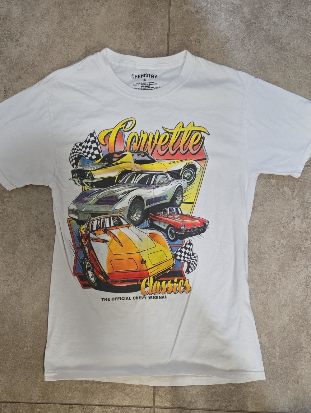 Chemistry White Corvette Classics Graphic Tee with Multicolor Car Print